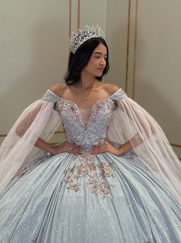 Shiny Baby Blue Ball Gown Off the Shoulder Sequin Tulle Sweet 16 Dress Party Gowns Quinceanera Dresses HZ1023